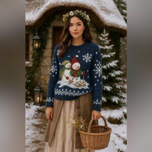 Vintage Sweater Pullover Christmascore Holiday Snowman Cottagecore Tiara Inter